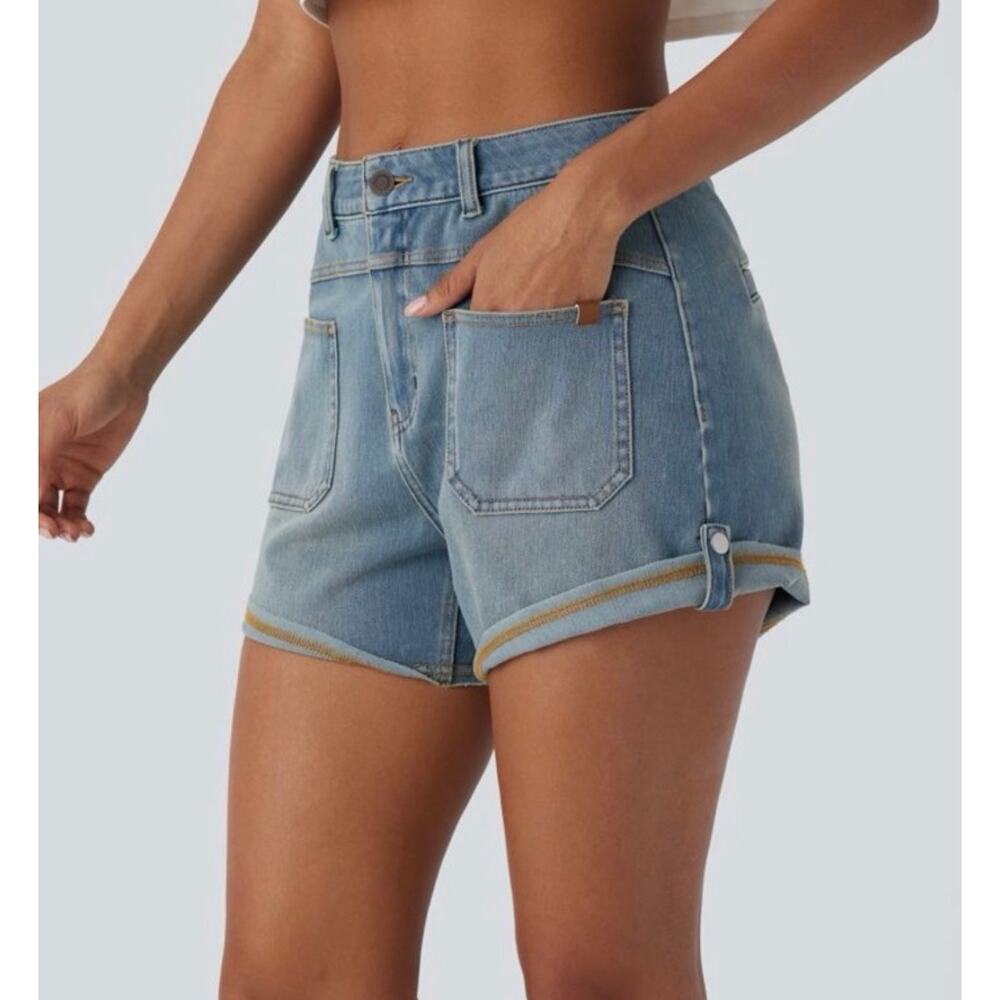 NWT Halara Flex Denim Light Wash High Rise Stretch Cuffed Shorts Size L